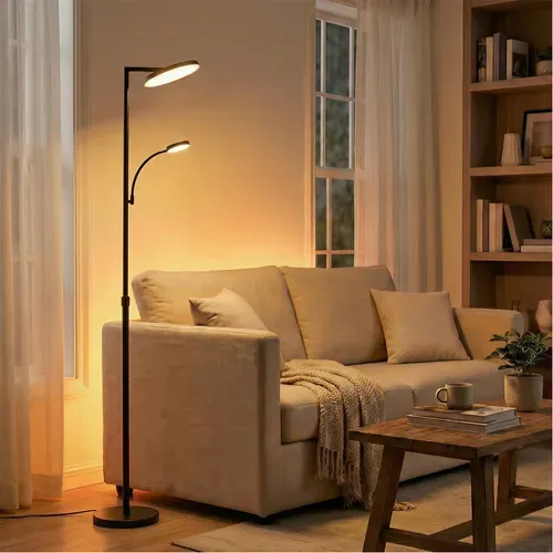 Lampadaire Sur Pied LED, Hauteur Ajustable, Tête Pivotante, Lampe De Lecture, Noir