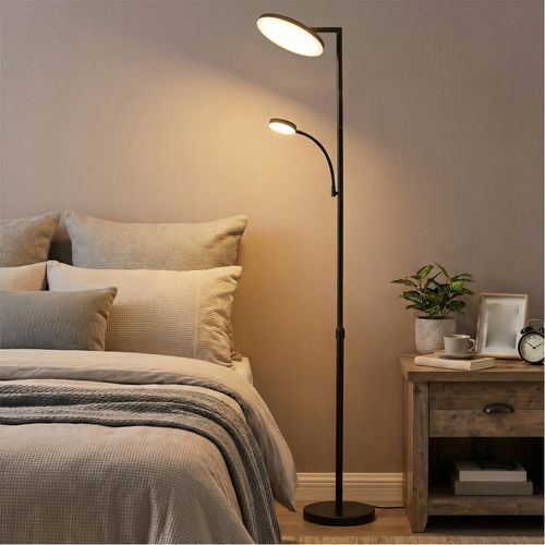 Lampadaire Sur Pied LED, Hauteur Ajustable, Tête Pivotante, Lampe De Lecture, Noir
