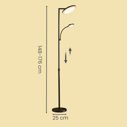 Lampadaire Sur Pied LED, Hauteur Ajustable, Tête Pivotante, Lampe De Lecture, Noir