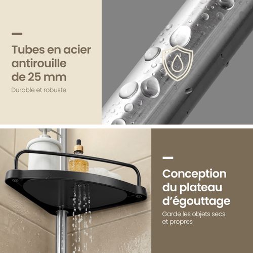 étagère De Douche Télescopique, Avec 4 Tablettes, 3 Crochets, Acier Inoxydable, Argent Et Noir