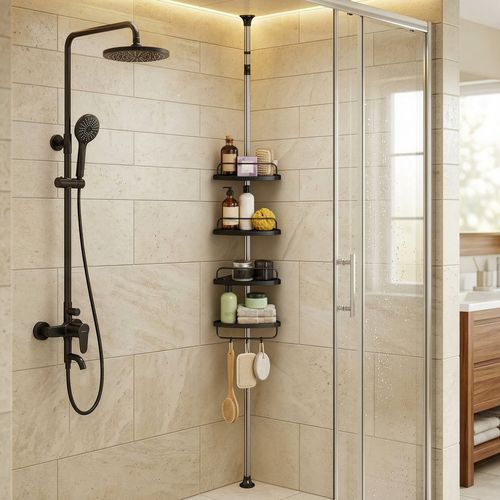étagère De Douche Télescopique, Avec 4 Tablettes, 3 Crochets, Acier Inoxydable, Argent Et Noir