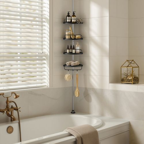 étagère De Douche Télescopique, Avec 4 Tablettes, 3 Crochets, Acier Inoxydable, Argent Et Noir