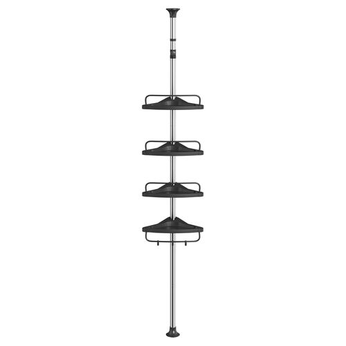 étagère De Douche Télescopique, Avec 4 Tablettes, 3 Crochets, Acier Inoxydable, Argent Et Noir