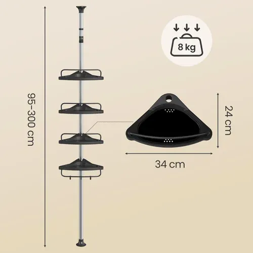 étagère De Douche Télescopique, Avec 4 Tablettes, 3 Crochets, Acier Inoxydable, Argent Et Noir