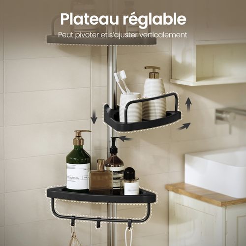étagère De Douche Télescopique, Avec 4 Tablettes, 3 Crochets, Acier Inoxydable, Argent Et Noir