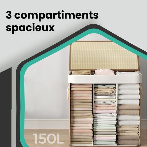 Panier à Linge 3 Compartiments, 150 L, Avec Couvercle, Pliable, Sac Amovible, Couleur Naturelle