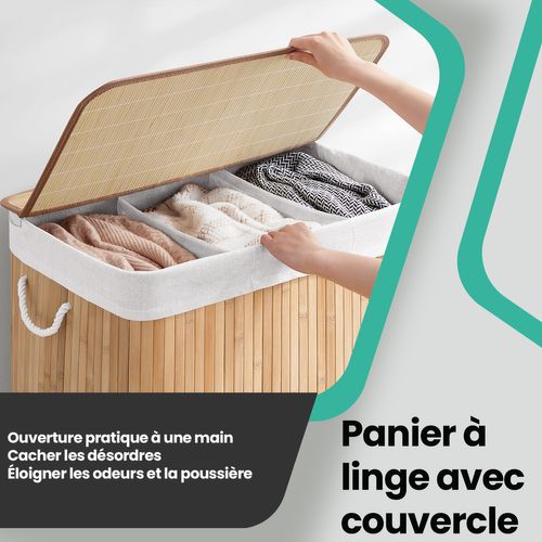 Panier à Linge 3 Compartiments, 150 L, Avec Couvercle, Pliable, Sac Amovible, Couleur Naturelle