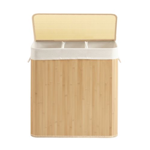 Panier à Linge 3 Compartiments, 150 L, Avec Couvercle, Pliable, Sac Amovible, Couleur Naturelle