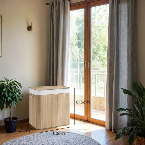 Panier à Linge 3 Compartiments, 150 L, Avec Couvercle, Pliable, Sac Amovible, Couleur Naturelle