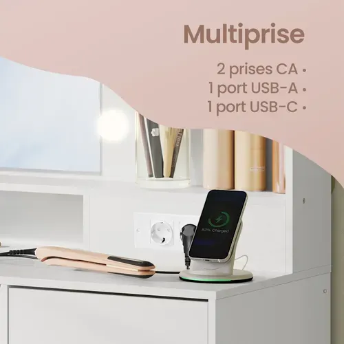 Coiffeuse Avec Miroir LED, Multiprise, 9 Tiroirs, 9 Ampoules, éclairage 3 Couleurs, Blanc