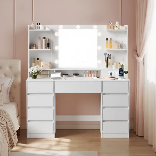 Coiffeuse Avec Miroir LED, Multiprise, 9 Tiroirs, 9 Ampoules, éclairage 3 Couleurs, Blanc
