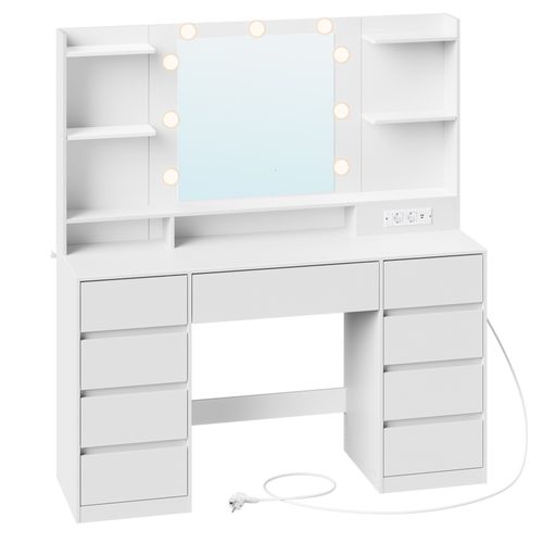 Coiffeuse Avec Miroir LED, Multiprise, 9 Tiroirs, 9 Ampoules, éclairage 3 Couleurs, Blanc