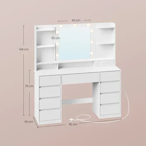Coiffeuse Avec Miroir LED, Multiprise, 9 Tiroirs, 9 Ampoules, éclairage 3 Couleurs, Blanc