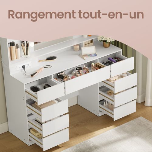 Coiffeuse Avec Miroir LED, Multiprise, 9 Tiroirs, 9 Ampoules, éclairage 3 Couleurs, Blanc