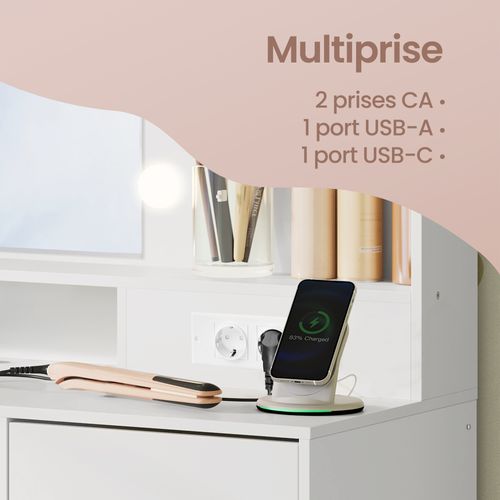 Coiffeuse Avec Miroir LED, Multiprise, 2 Placards, 9 Ampoules, Éclairage 3 Couleurs, Blanc
