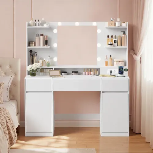 Coiffeuse Avec Miroir LED, Multiprise, 2 Placards, 9 Ampoules, Éclairage 3 Couleurs, Blanc