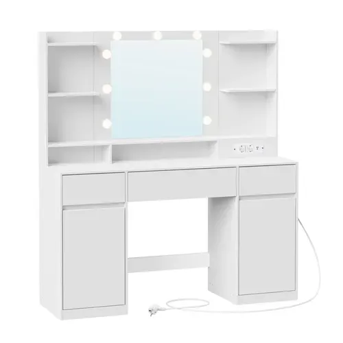 Coiffeuse Avec Miroir LED, Multiprise, 2 Placards, 9 Ampoules, Éclairage 3 Couleurs, Blanc