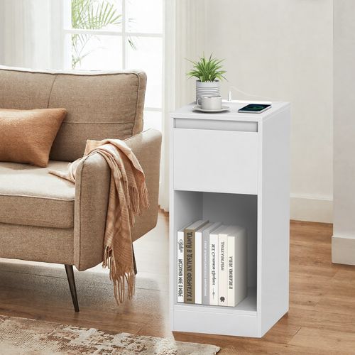 Table De Chevet étroite Avec LED, Lot De 2, Table D’appoint, 1 Tiroir, 2 Ports De Charge, Blanc