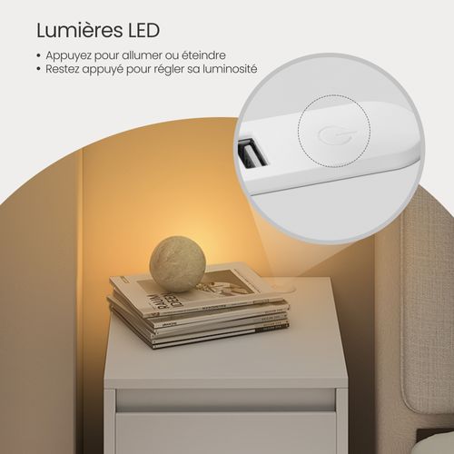 Table De Chevet étroite Avec LED, Lot De 2, Table D’appoint, 1 Tiroir, 2 Ports De Charge, Blanc