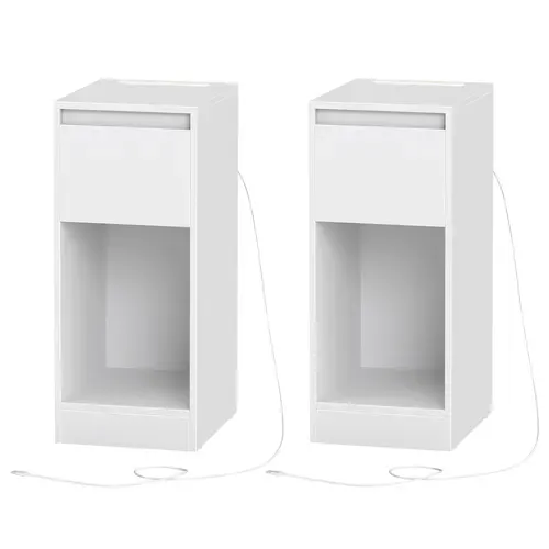 Table De Chevet étroite Avec LED, Lot De 2, Table D’appoint, 1 Tiroir, 2 Ports De Charge, Blanc