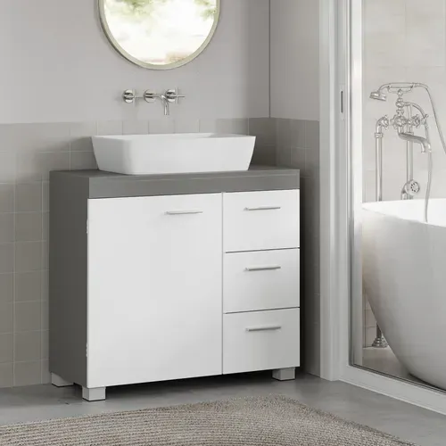Meuble Sous Lavabo, 3 Grands Tiroirs, Placard Sous Vasque, 2 Compartiments Derrière La Porte, Gris