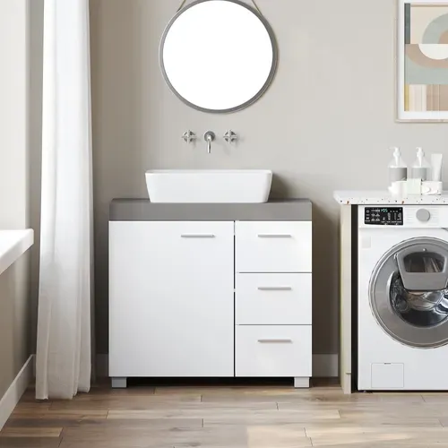 Meuble Sous Lavabo, 3 Grands Tiroirs, Placard Sous Vasque, 2 Compartiments Derrière La Porte, Gris