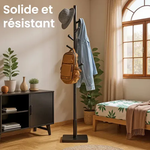 Portemanteau Sur Pied En Bois Avec 8 Crochets, 3 Hauteurs Réglables, Bois D’hévéa, Noir D’encre