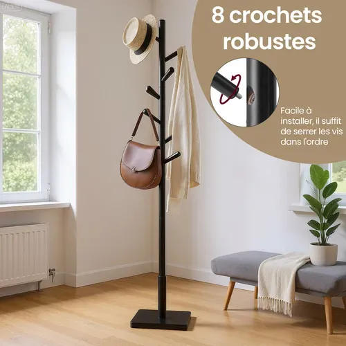 Portemanteau Sur Pied En Bois Avec 8 Crochets, 3 Hauteurs Réglables, Bois D’hévéa, Noir D’encre