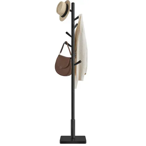 Portemanteau Sur Pied En Bois Avec 8 Crochets, 3 Hauteurs Réglables, Bois D’hévéa, Noir D’encre