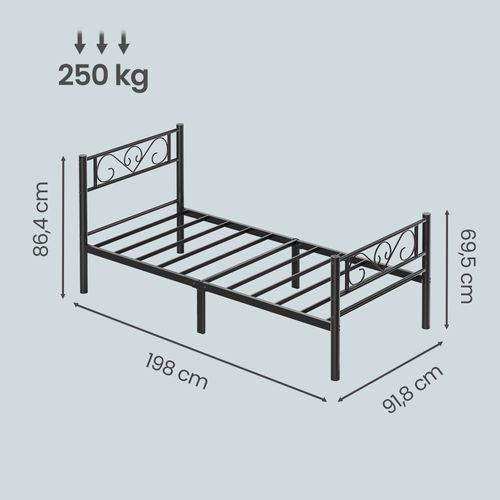 Lit Plateforme Métal 1 Place, Cadre Robuste Pour Matelas 190 X 90 Cm, Gain De Place, Noir