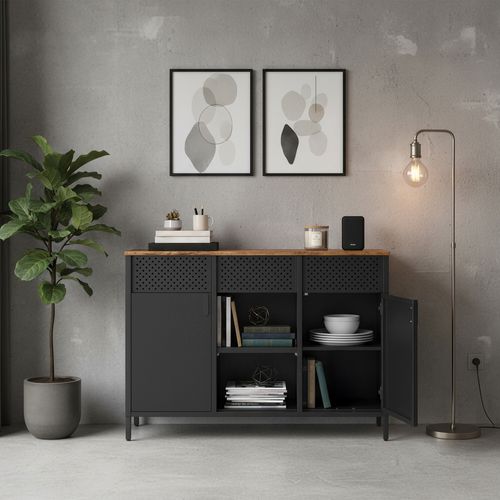 Armoire De Rangement, à Double Portes, Fermeture Magnétique, Étagères Réglables, Marron Et Noir