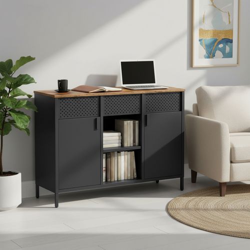 Armoire De Rangement, à Double Portes, Fermeture Magnétique, Étagères Réglables, Marron Et Noir