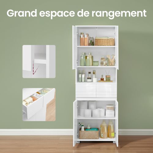 Colonne De Rangement Salle De Bain, Meuble Haut , 2 Tiroirs, Compartiments, Blanc