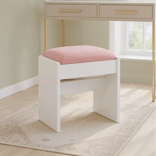 Tabouret De Coiffeuse, En Velours, Avec Patins Antidérapants, Blanc Et Rose