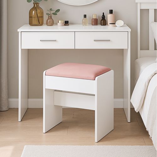 Tabouret De Coiffeuse, En Velours, Avec Patins Antidérapants, Blanc Et Rose