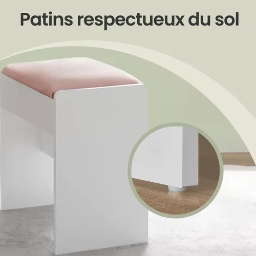 Tabouret De Coiffeuse, En Velours, Avec Patins Antidérapants, Blanc Et Rose