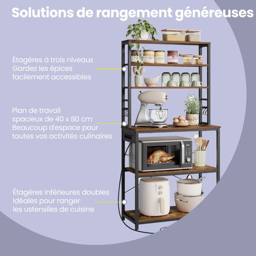 étagère De Cuisine à 6 Niveaux Avec Prise De Courant Et 6 Crochets, Bar à Café, Marron Et Noir