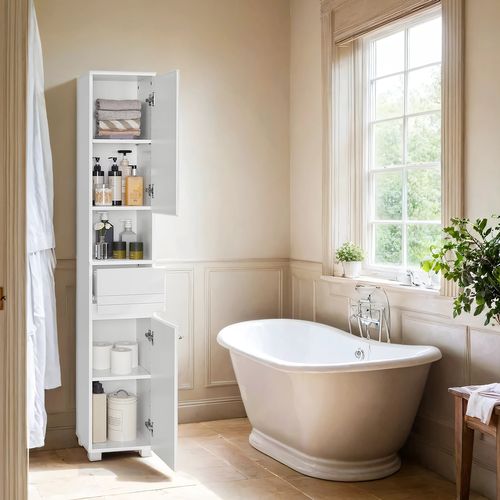 Armoire De Salle De Bain Avec Un Tiroir, étagères Ajustables, 30 X 30 X 170 Cm, Blanc
