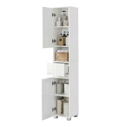Armoire De Salle De Bain Avec Un Tiroir, étagères Ajustables, 30 X 30 X 170 Cm, Blanc