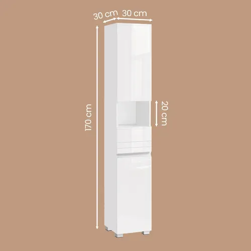 Armoire De Salle De Bain Avec Un Tiroir, étagères Ajustables, 30 X 30 X 170 Cm, Blanc