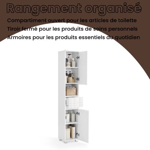 Armoire De Salle De Bain Avec Un Tiroir, étagères Ajustables, 30 X 30 X 170 Cm, Blanc