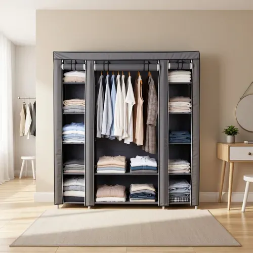 Penderie En Tissu Avec Housse, Armoire De Rangement Modulable, 12 Compartiments, Cadre Métal, Gris