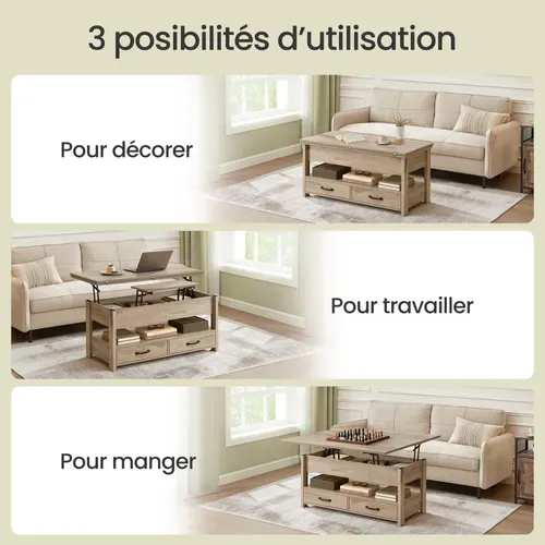 Table De Salon Relevable, Vérin à Gaz, 2 Tiroirs Et 3 Compartiments, 1 Compartiment Ouvert, Marron