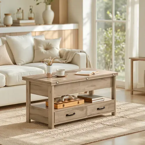 Table De Salon Relevable, Vérin à Gaz, 2 Tiroirs Et 3 Compartiments, 1 Compartiment Ouvert, Marron