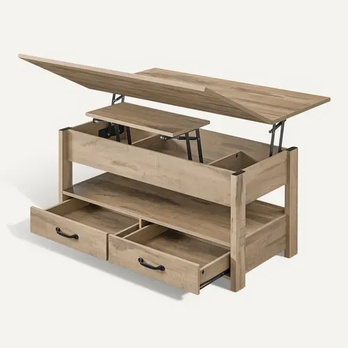 Table De Salon Relevable, Vérin à Gaz, 2 Tiroirs Et 3 Compartiments, 1 Compartiment Ouvert, Marron