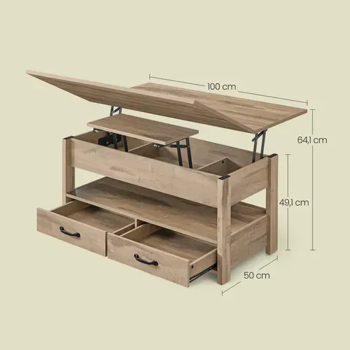 Table De Salon Relevable, Vérin à Gaz, 2 Tiroirs Et 3 Compartiments, 1 Compartiment Ouvert, Marron