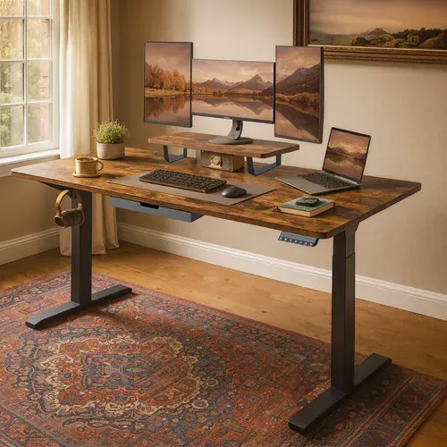 Bureau Assis Debout Électrique avec Support d'Écran, Tiroir et Port USB-C, 160 x 80 cm, Marron