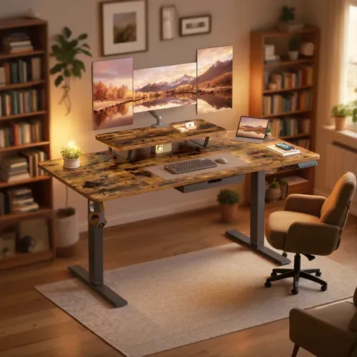 Bureau Assis Debout Électrique avec Support d'Écran, Tiroir et Port USB-C, 160 x 80 cm, Marron