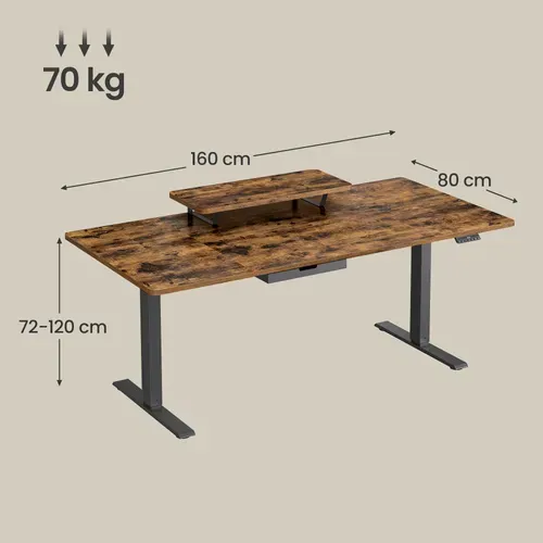 Bureau Assis Debout Électrique avec Support d'Écran, Tiroir et Port USB-C, 160 x 80 cm, Marron