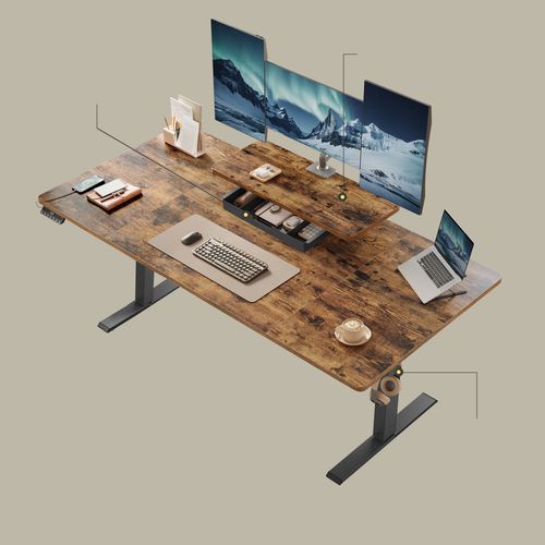 Bureau Assis Debout Électrique avec Support d'Écran, Tiroir et Port USB-C, 160 x 80 cm, Marron